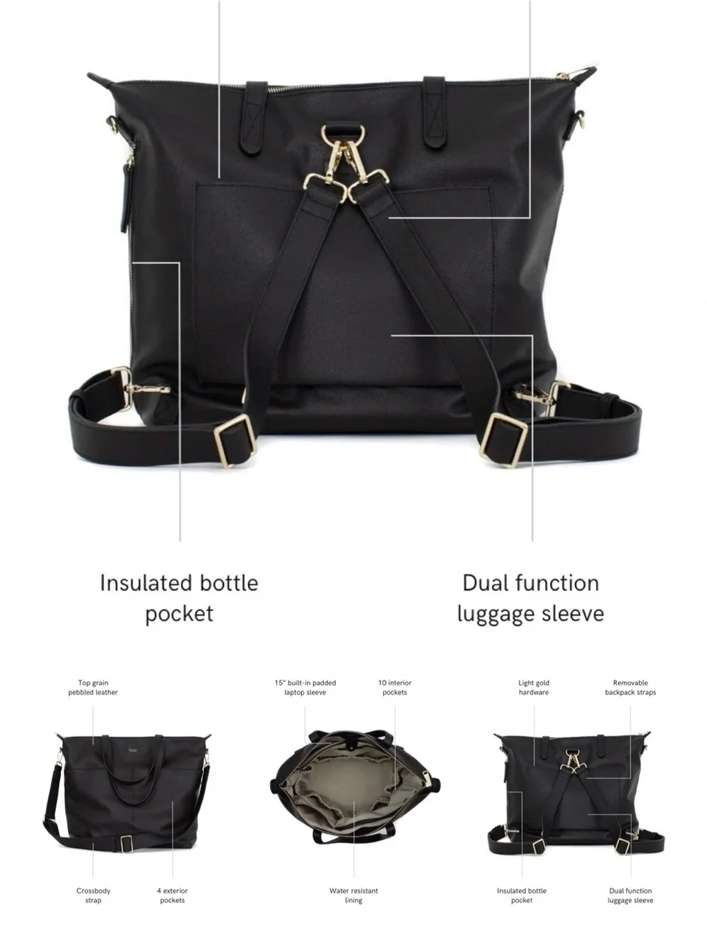 MINA BAIE Black Leather Diaper Tote Crossbody Backpack Bag